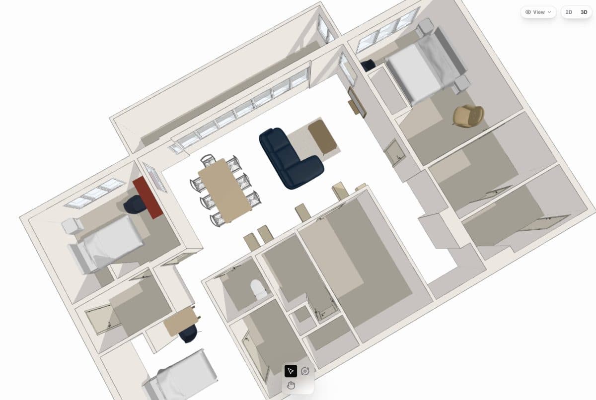 The furnished plan in 2D, switched to 3D and orbited: bedrooms, the living room's sofa and rug, the dining table for eight