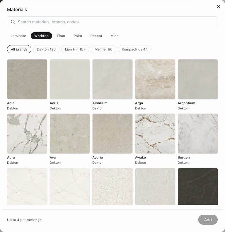 The materials picker going through its shelves: laminates, marble worktops, floors, paint