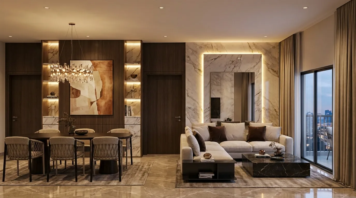Living and dining room with walnut shelving, artwork and a city view