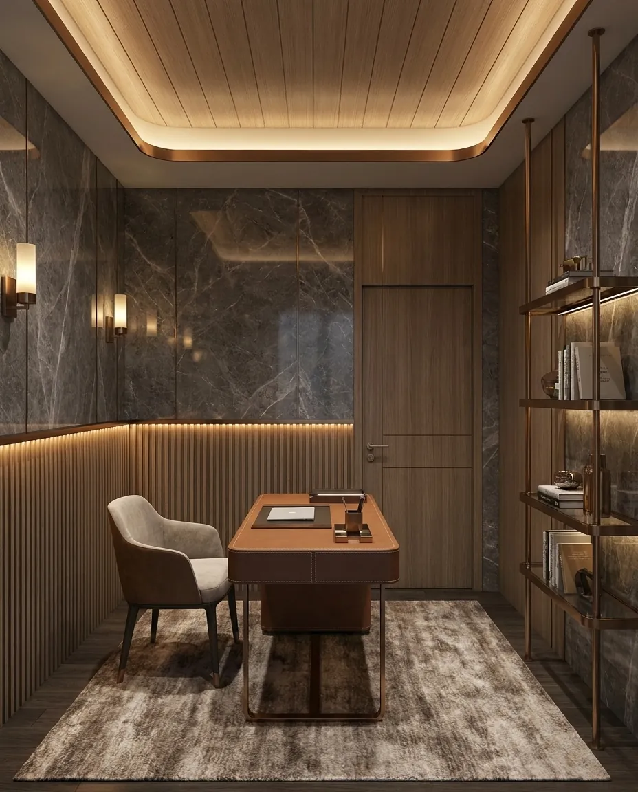 Study with walnut panelling, a marble feature wall and a desk
