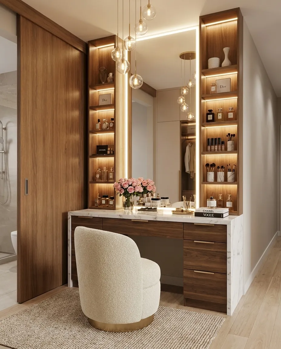 Dressing table with lit walnut shelving and a marble top