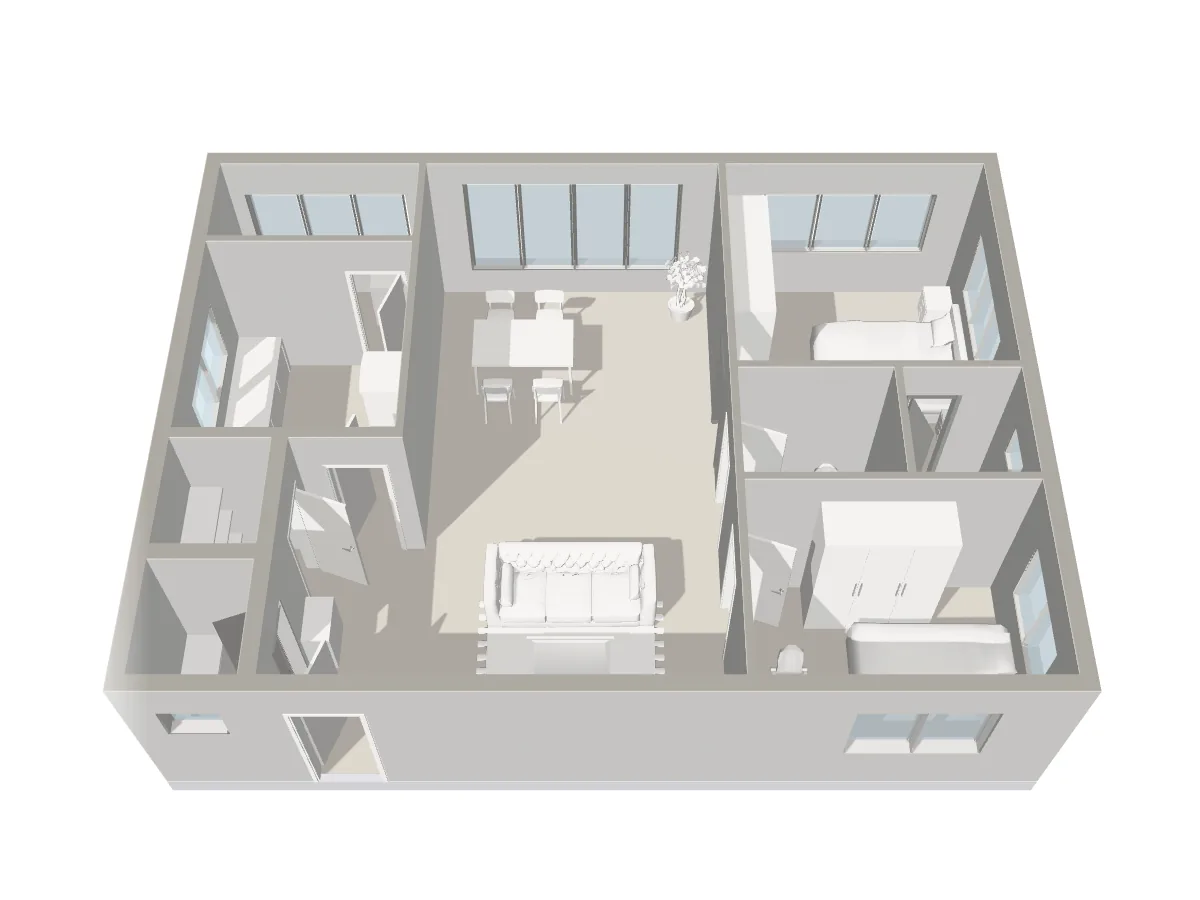 A furnished 3D model of a flat built from its floorplan