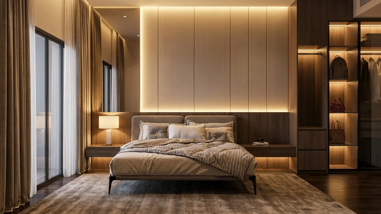The same bedroom rendered with cove lighting, timber and a lit wardrobe